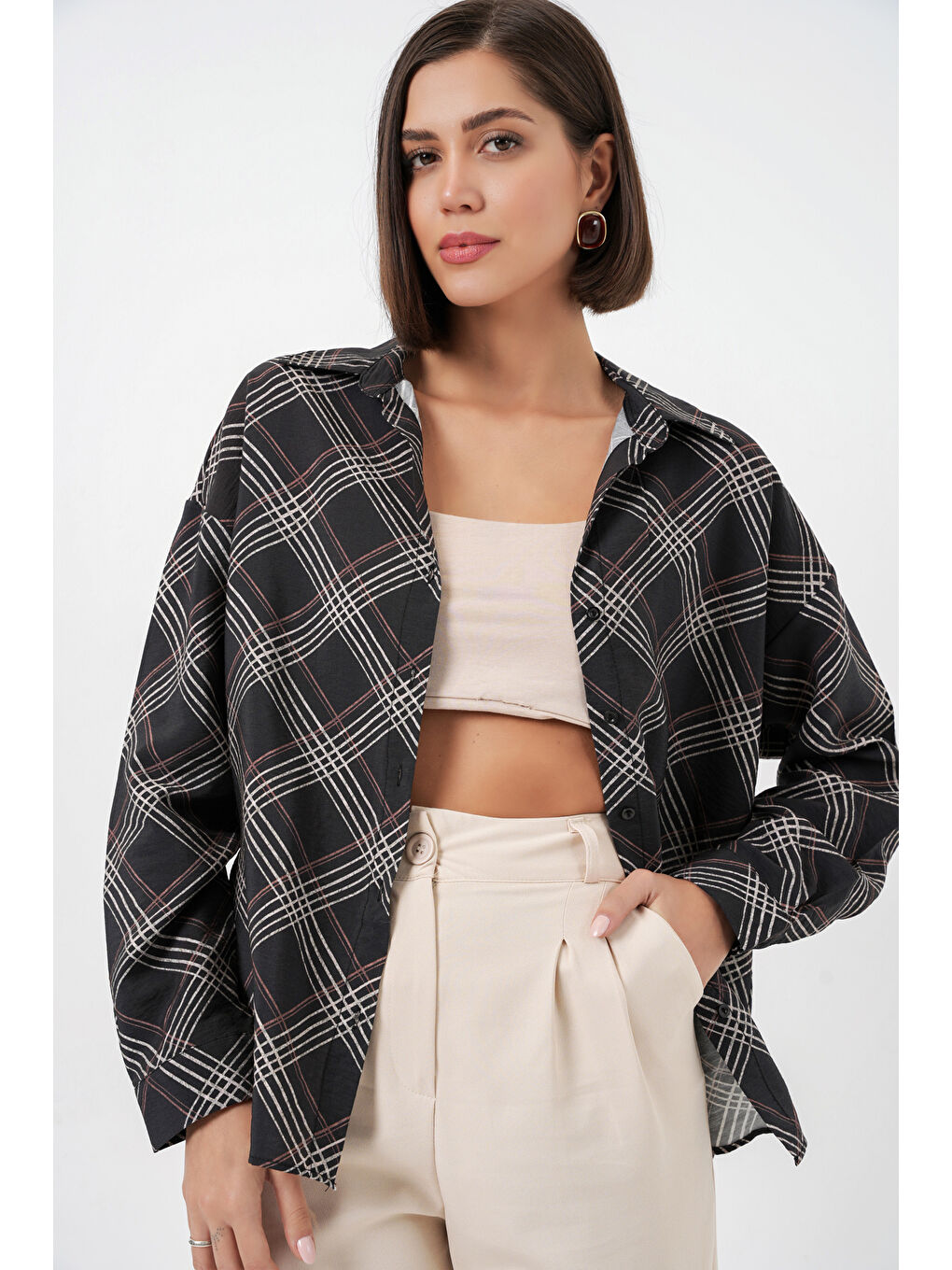 Kadın Oversize Desenli Gömlek 20372 - Siyah