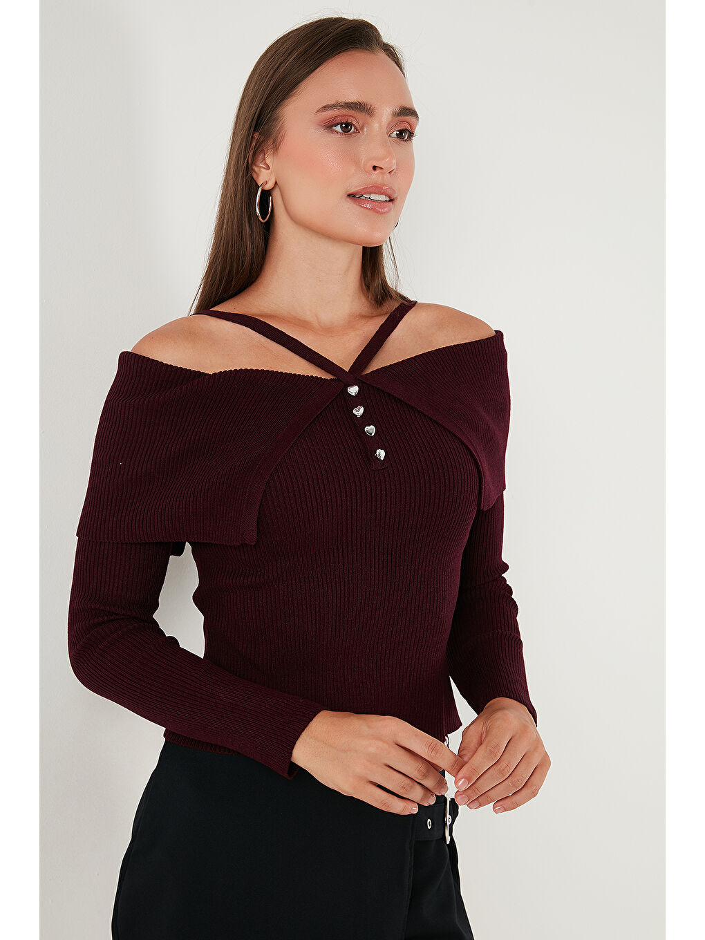 Bordo Premium Fitted Fit Carmen Yaka İp Askı Detaylı Triko Kazak 680KZ00076-3