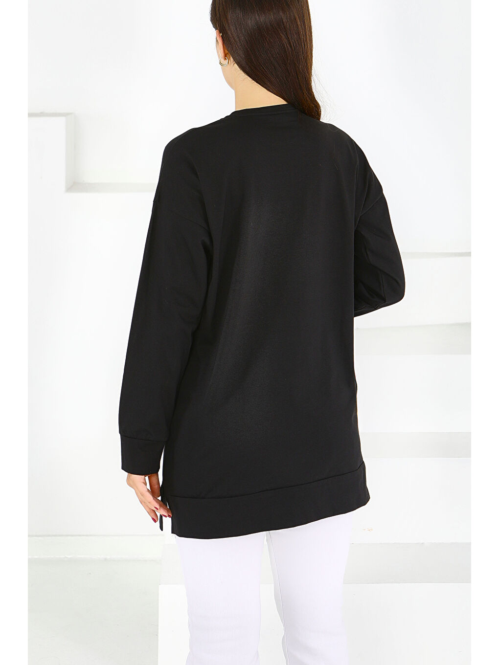 Uzun Kollu Baskılı Süprem Tunik Siyah - 27586-3