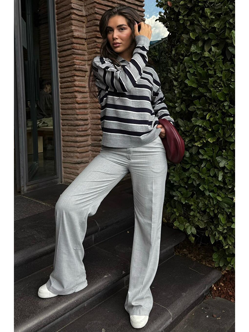 Gri Çizgili Polo Yaka Düğmeli Kadın Kazak Mg2561-4