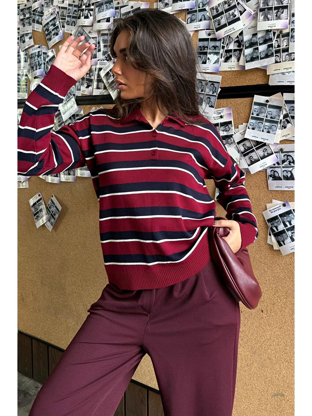 Bordo Çizgili Polo Yaka Düğmeli Kadın Kazak Mg2561