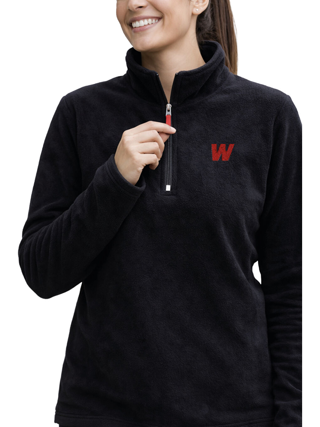 Siyah Premium Kadın Yarım Fermuarlı Outdoor Spor Polar Ceket-9