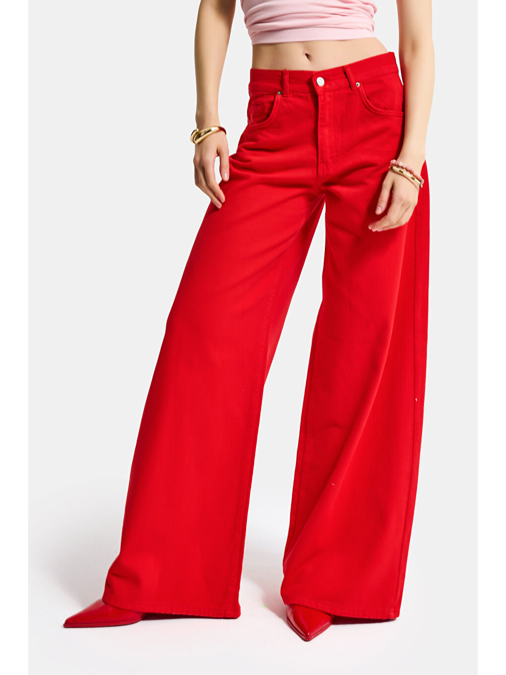 Kadın Kırmızı Hera 6s6-19 Palazzo Fit Bol Kesim Denim Jean-6