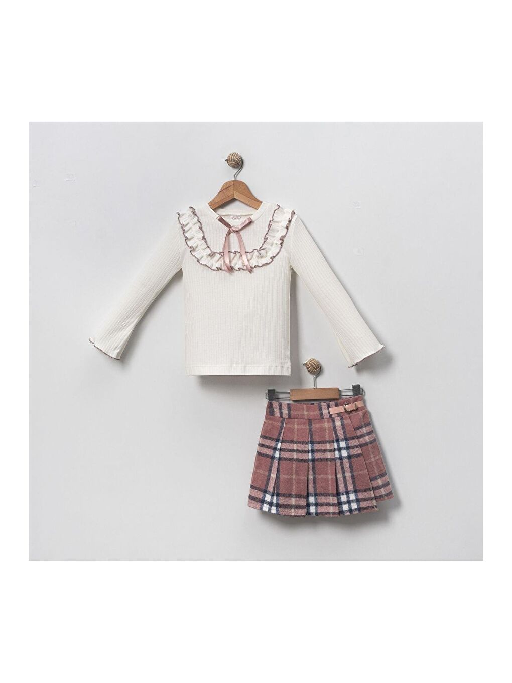 Pembe Kız Çocuk Beyaz Pamuklu Body Ekose Şort Etek Alt-Üst Takım