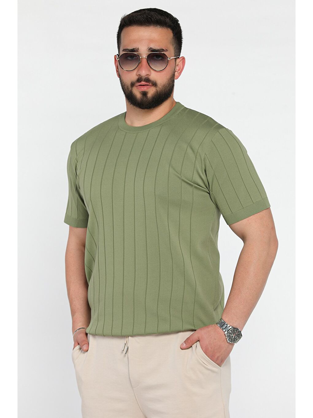 Haki Erkek Bisiklet Yaka Kendinden Çizgi Desenli Triko Tişört-1