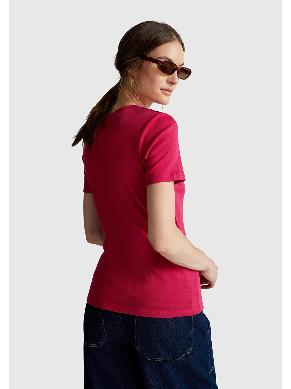 Kadın Fuşya %100 Pamuk Benetton Yazılı Basic T-Shirt-2