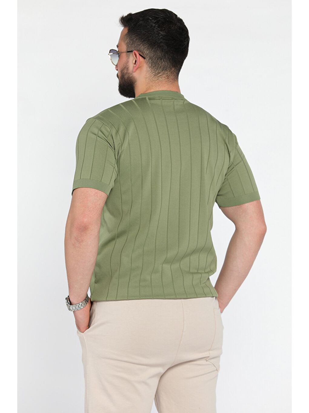 Haki Erkek Bisiklet Yaka Kendinden Çizgi Desenli Triko Tişört-2