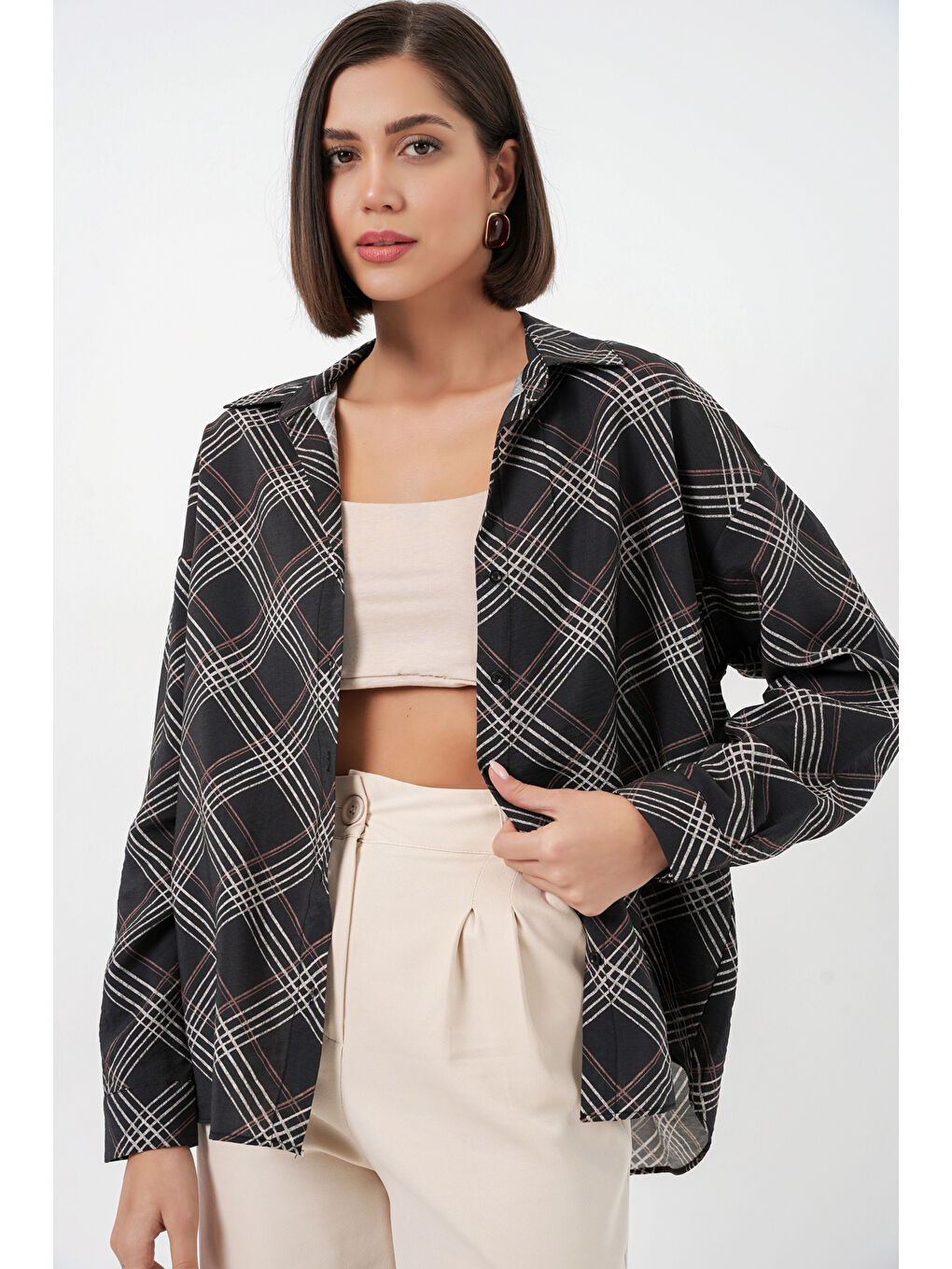 Kadın Oversize Desenli Gömlek 20372 - Siyah-2