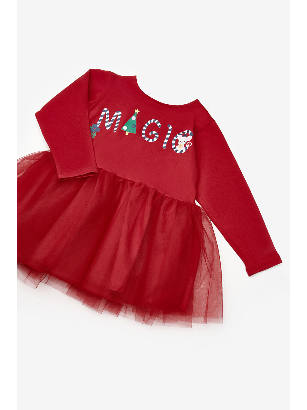 Kırmızı Yılbaşı Temalı Magic Mottolu Kız Çocuk Elbise - Claire-2
