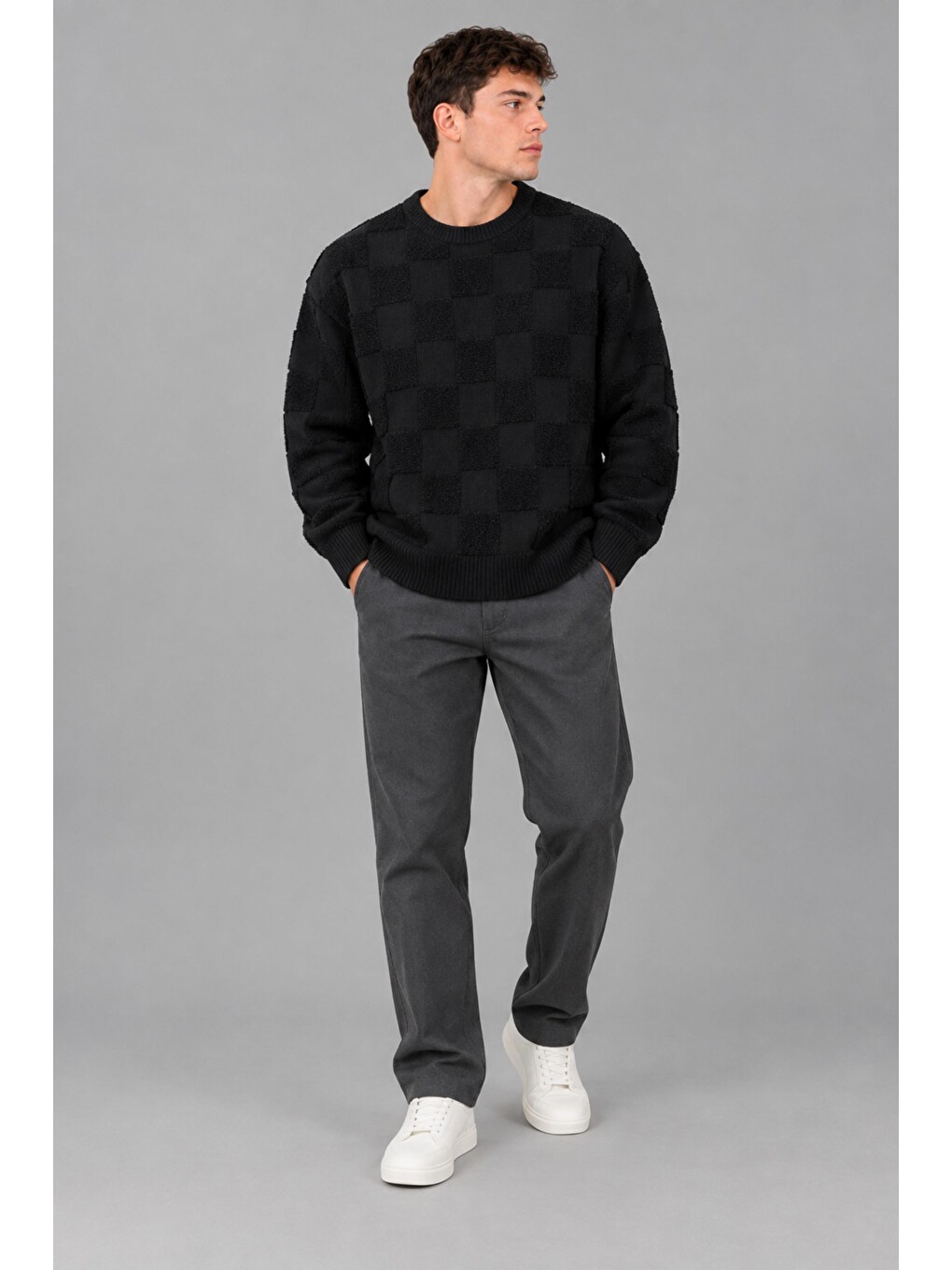 Siyah Oversize Pelüş Kare Desen Kışlık Kazak Dp 18381_10062-1