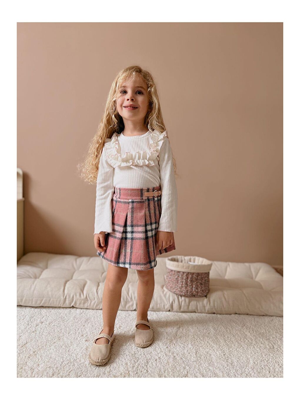 Pembe Kız Çocuk Beyaz Pamuklu Body Ekose Şort Etek Alt-Üst Takım-1