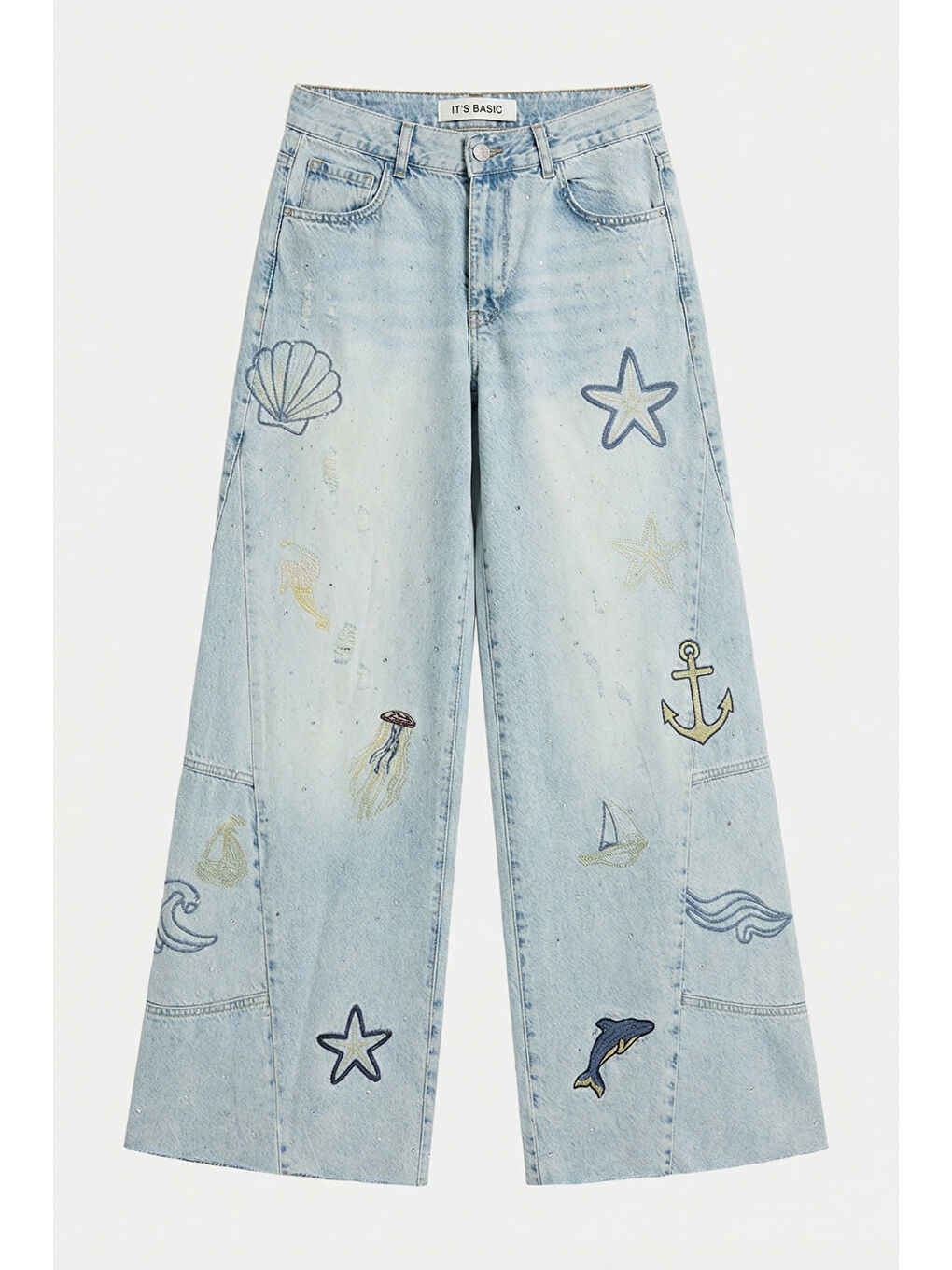 Mavi Kadın Jean Rengi T-12s6-99 Palazzo Fit Nakış Detaylı Özel Tasarım Denim Jean