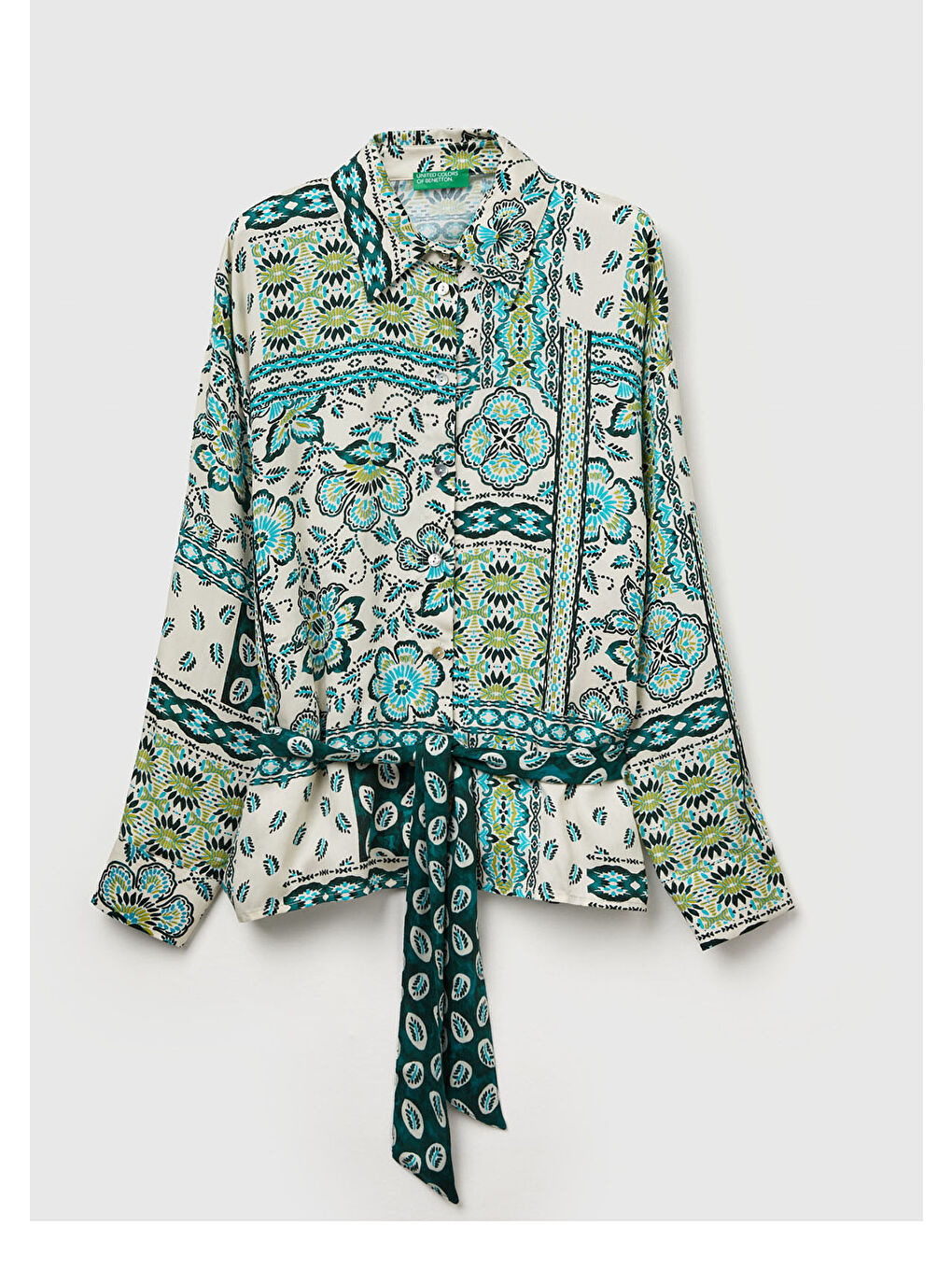 Kadın Açık Yeşil %100 Viskoz Kuşaklı Desenli Gömlek-1