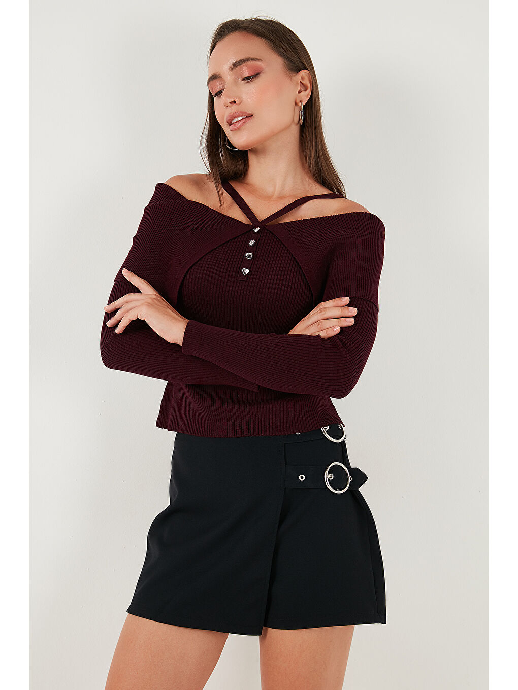 Bordo Premium Fitted Fit Carmen Yaka İp Askı Detaylı Triko Kazak 680KZ00076-4