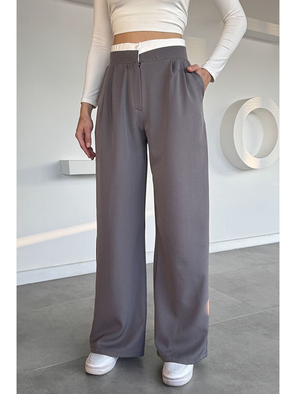 Gri Kadın Yüksek Bel Pileli Palazzo Pantolon