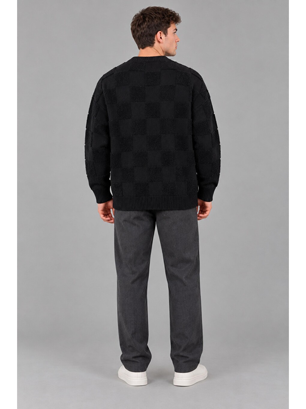 Siyah Oversize Pelüş Kare Desen Kışlık Kazak Dp 18381_10062-5