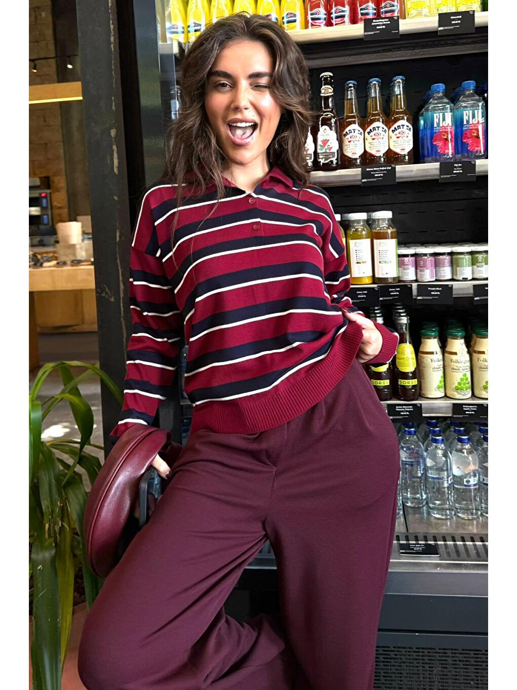 Bordo Çizgili Polo Yaka Düğmeli Kadın Kazak Mg2561-3