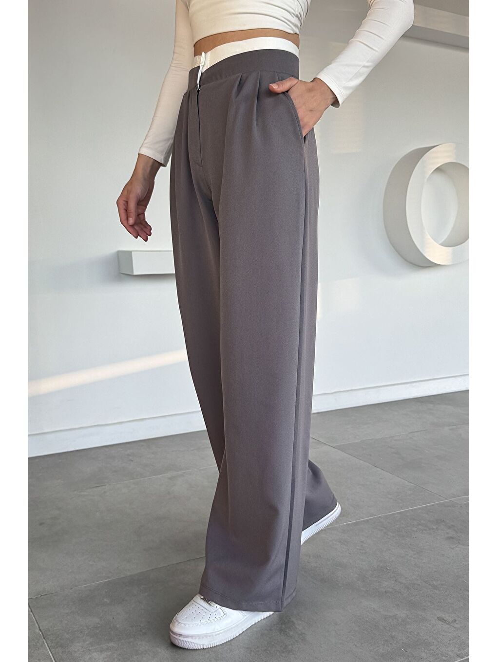 Gri Kadın Yüksek Bel Pileli Palazzo Pantolon-1