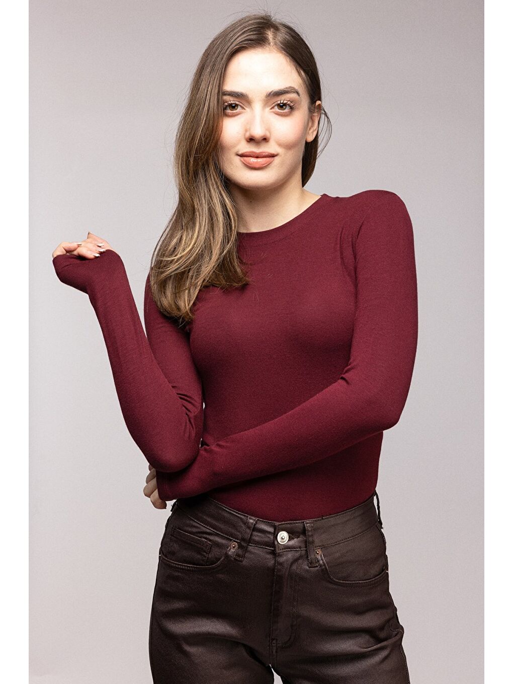 Bordo Kadın Bisiklet Yaka Parmak Geçmeli Uzun Kollu Body/Bluz