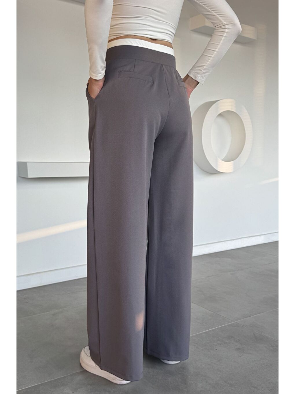 Gri Kadın Yüksek Bel Pileli Palazzo Pantolon-2