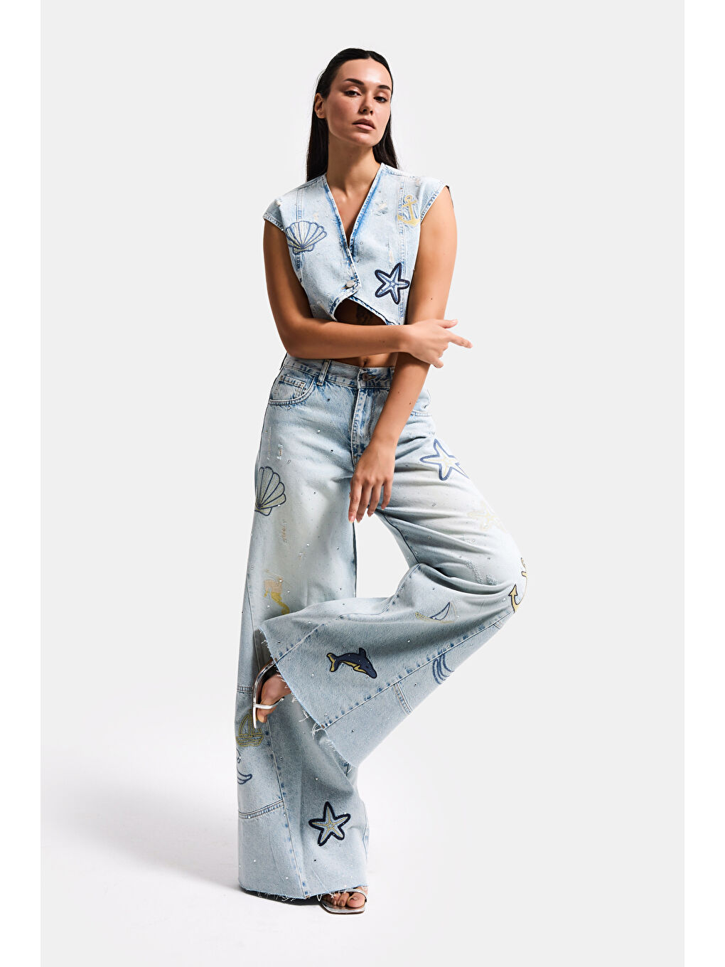 Mavi Kadın Jean Rengi T-12s6-99 Palazzo Fit Nakış Detaylı Özel Tasarım Denim Jean-1