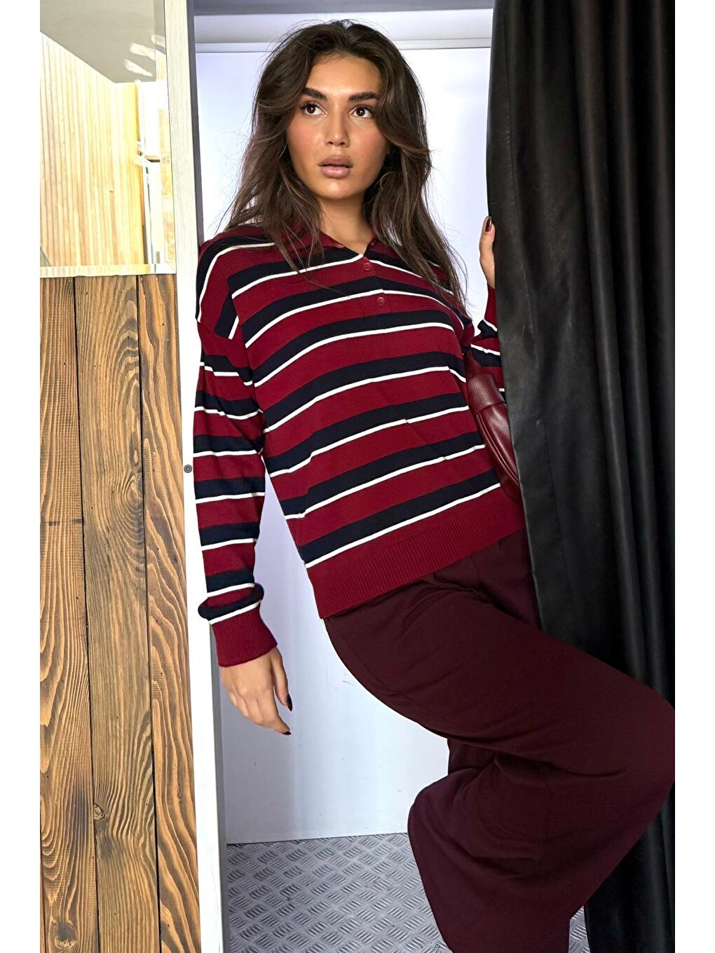 Bordo Çizgili Polo Yaka Düğmeli Kadın Kazak Mg2561-4