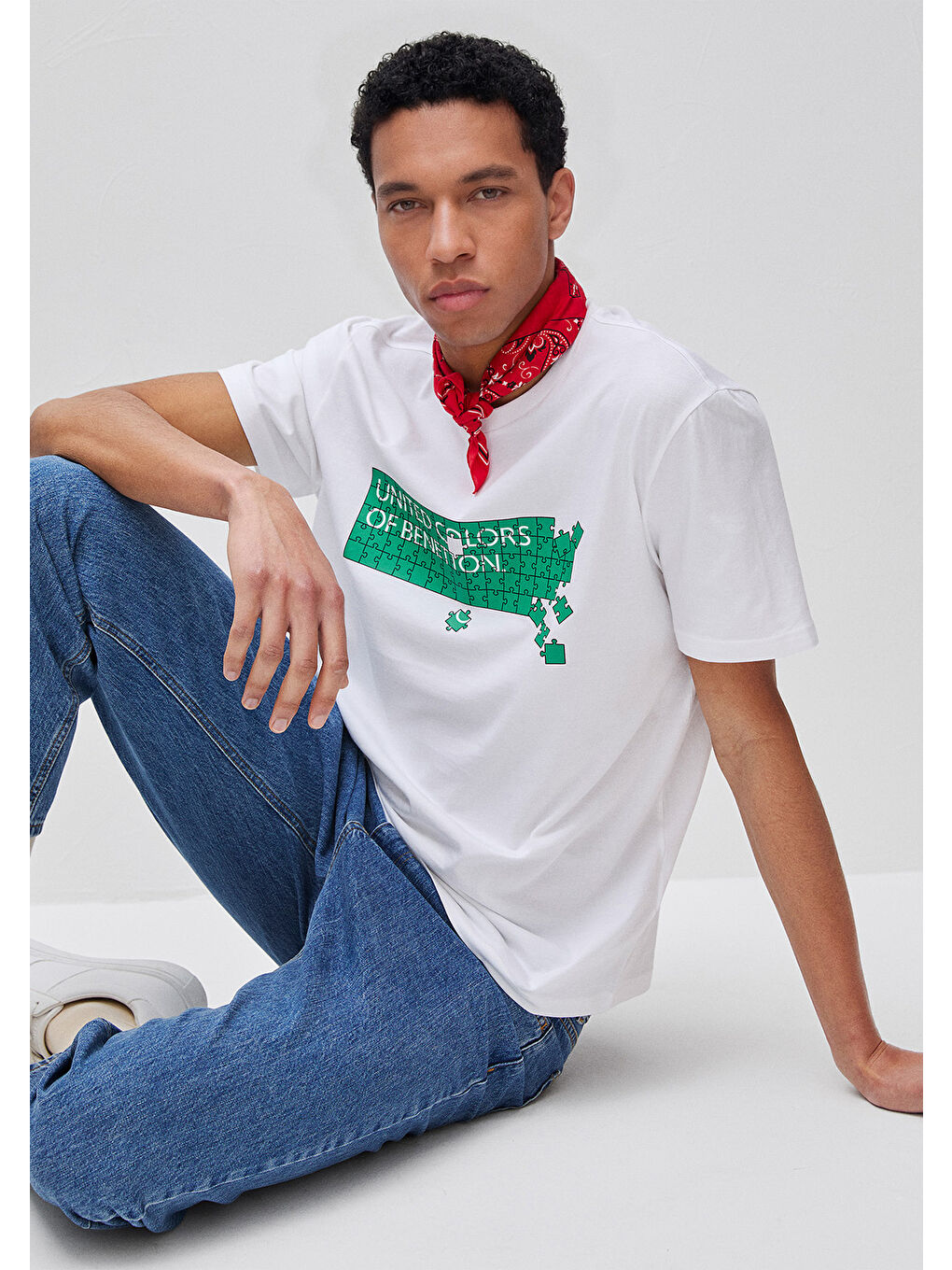 Erkek Beyaz Mix  %100 Pamuk Logo Baskılı Regular Fit Bisiklet Yaka T-Shirt-2