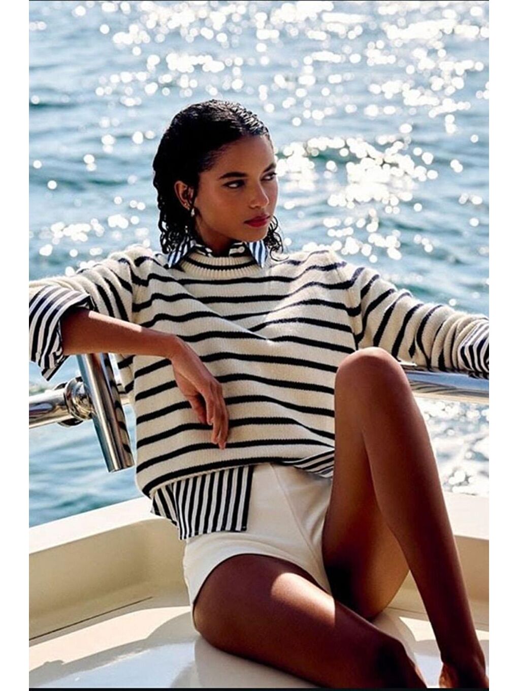 Ekru Bisiklet Yaka Çizgili Kadın Triko Kazak Mg2543