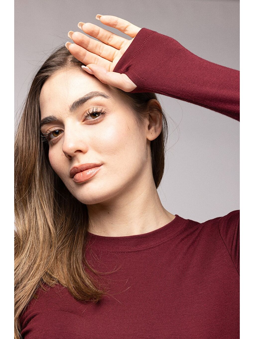 Bordo Kadın Bisiklet Yaka Parmak Geçmeli Uzun Kollu Body/Bluz-1