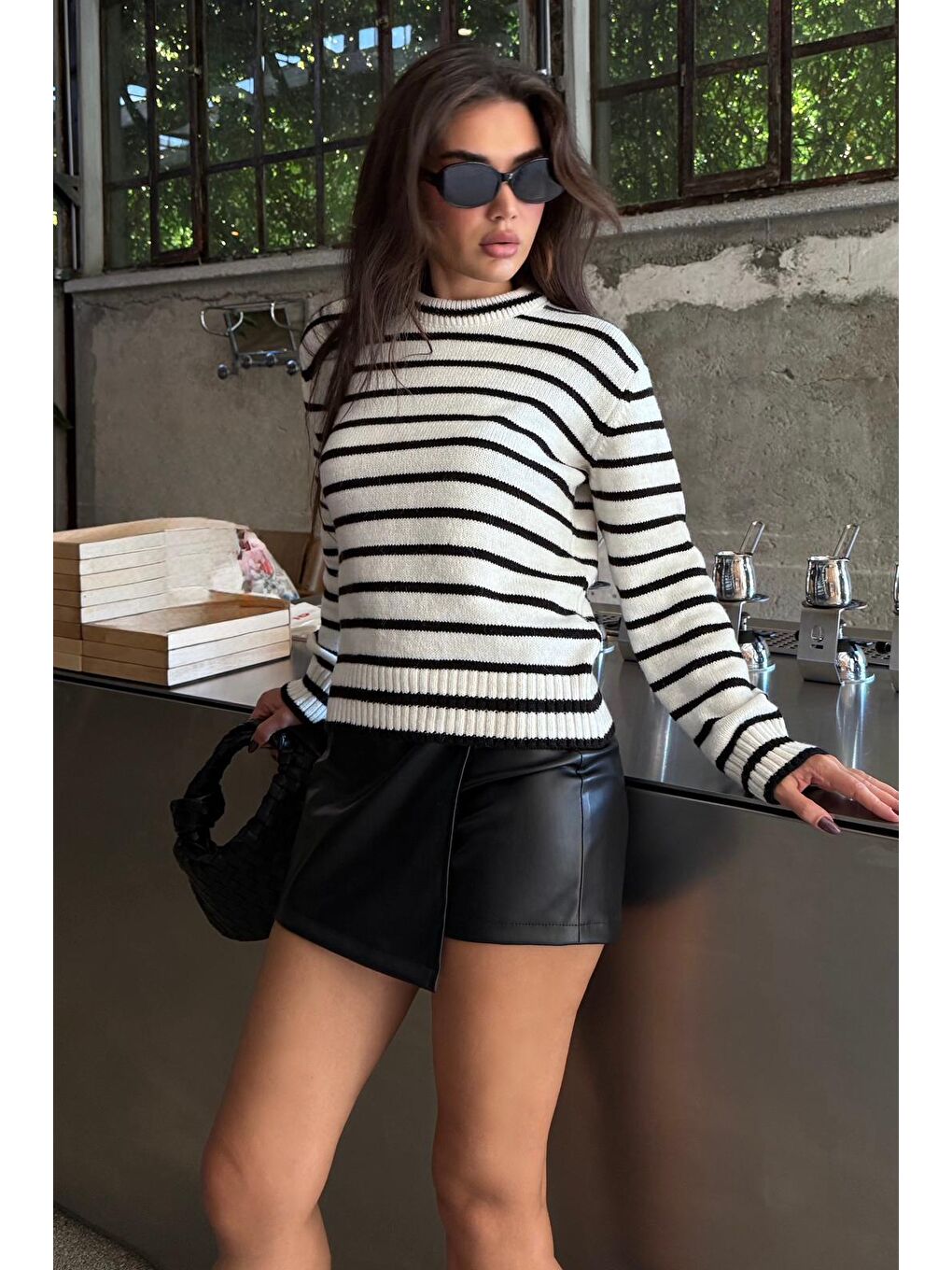 Ekru Bisiklet Yaka Çizgili Kadın Triko Kazak Mg2543-1