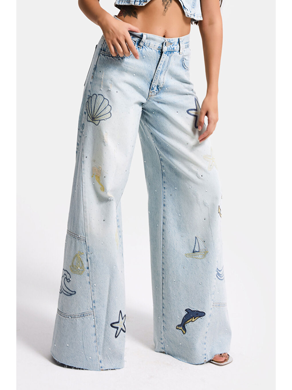 Mavi Kadın Jean Rengi T-12s6-99 Palazzo Fit Nakış Detaylı Özel Tasarım Denim Jean-2