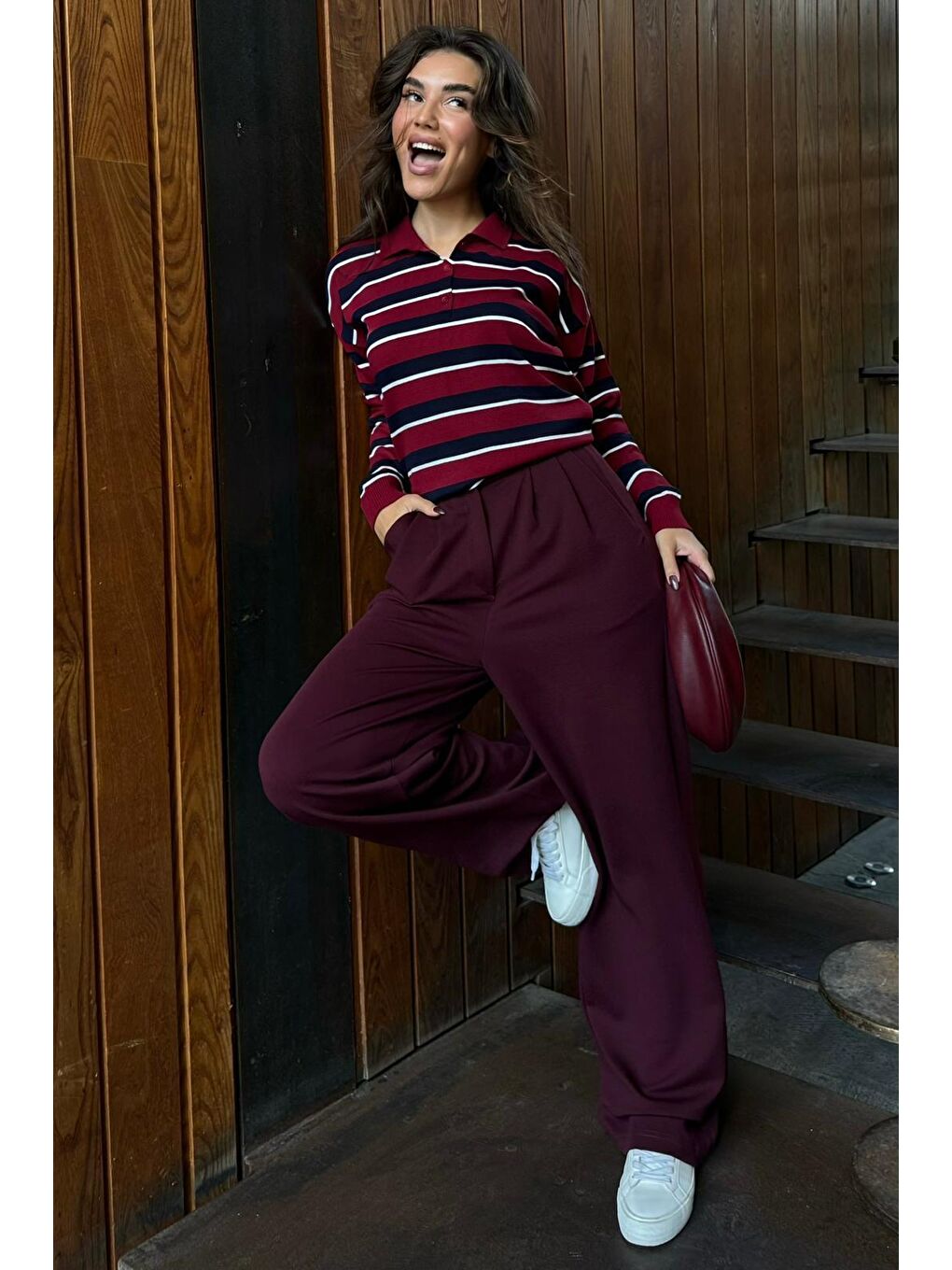 Bordo Çizgili Polo Yaka Düğmeli Kadın Kazak Mg2561-5