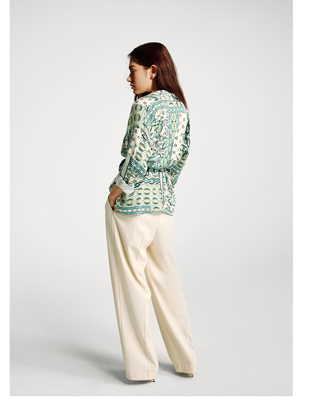 Kadın Açık Yeşil %100 Viskoz Kuşaklı Desenli Gömlek-2