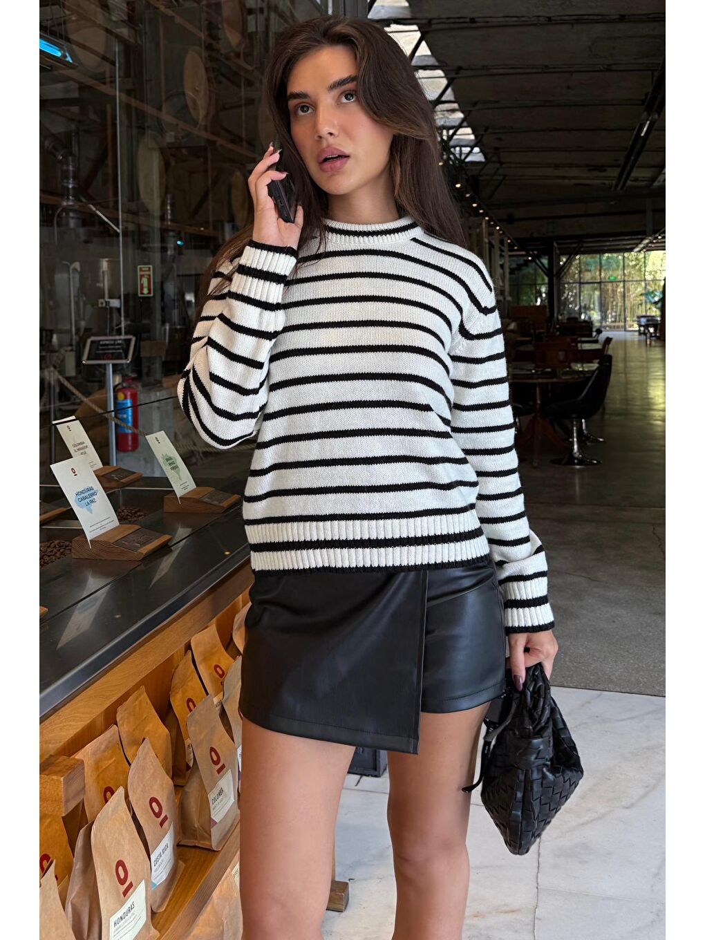 Ekru Bisiklet Yaka Çizgili Kadın Triko Kazak Mg2543-3