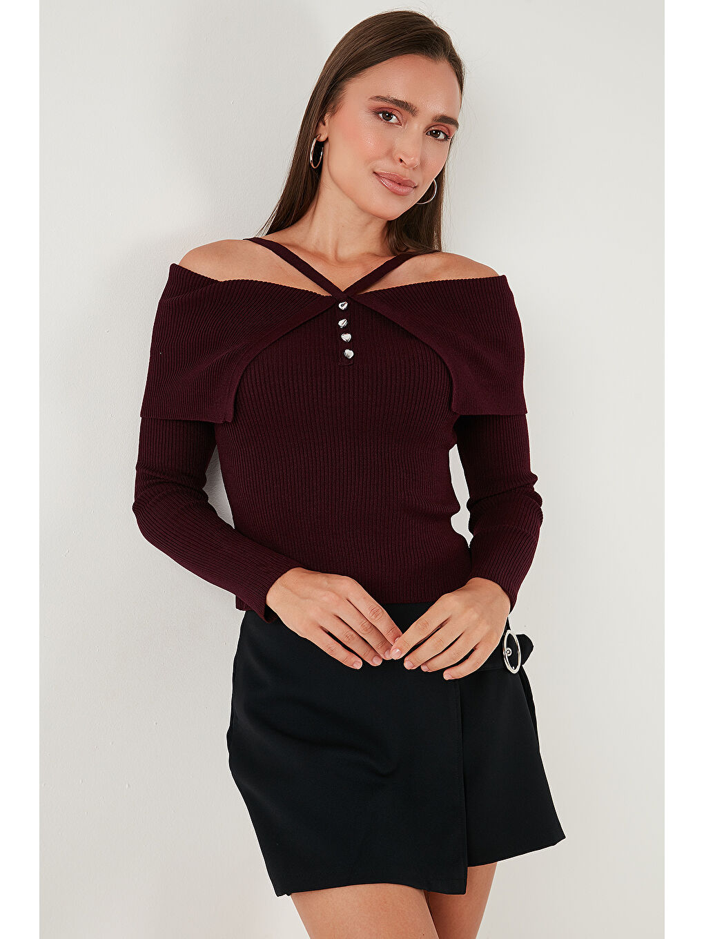 Bordo Premium Fitted Fit Carmen Yaka İp Askı Detaylı Triko Kazak 680KZ00076-5