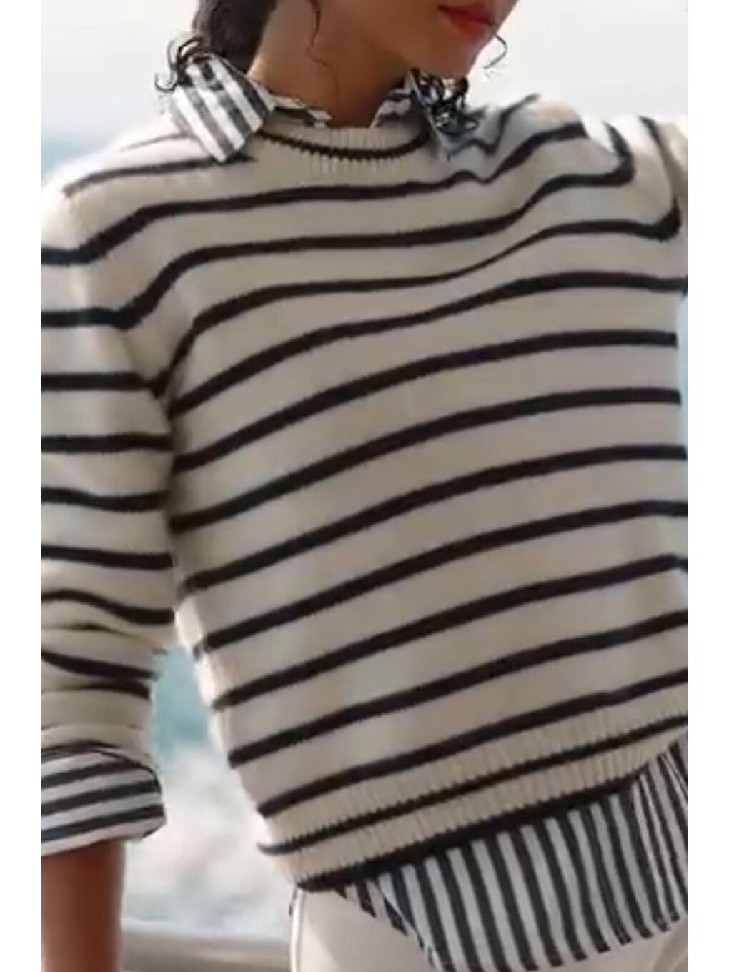 Ekru Bisiklet Yaka Çizgili Kadın Triko Kazak Mg2543-4