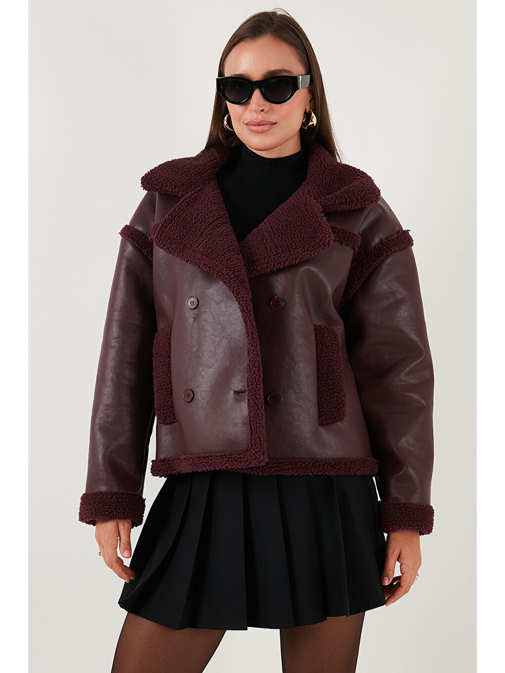 Bordo Oversize Kruvaze Yaka Pelüş Detaylı Suni Deri Biker Ceket Mont 6810247