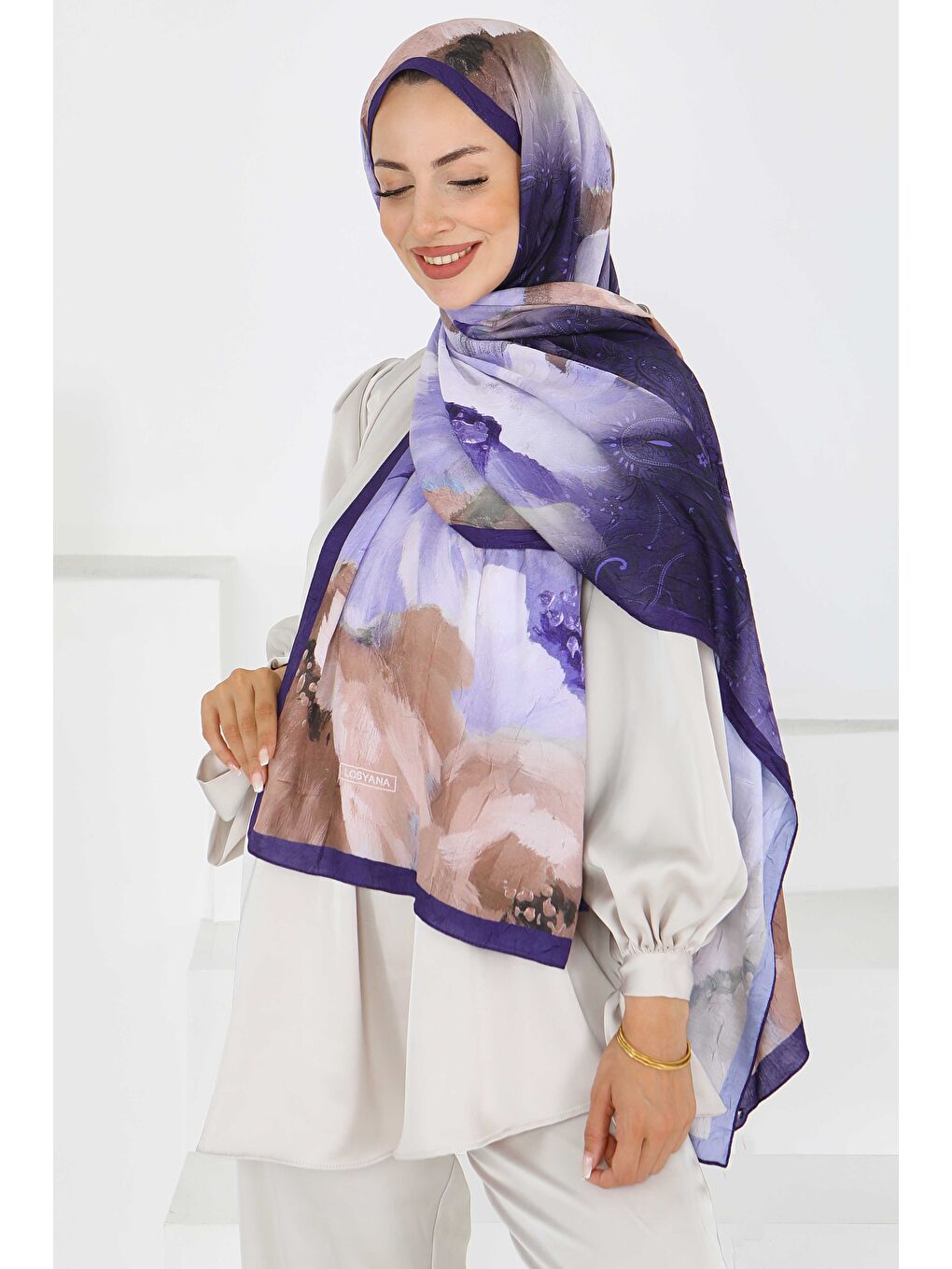 Kıraş Büyük Çiçek Desenli Şal Mor - 27621-1