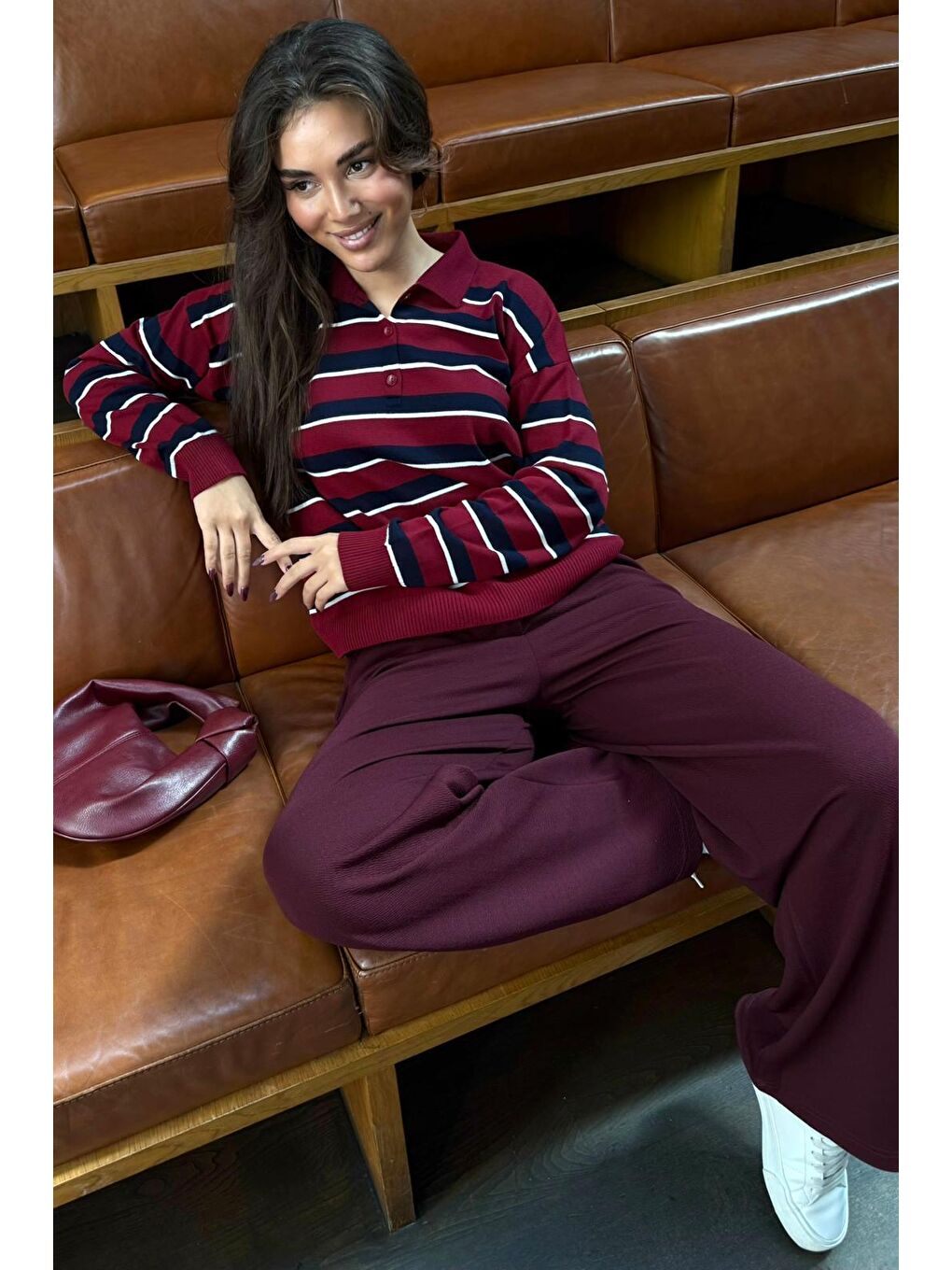 Bordo Çizgili Polo Yaka Düğmeli Kadın Kazak Mg2561-6