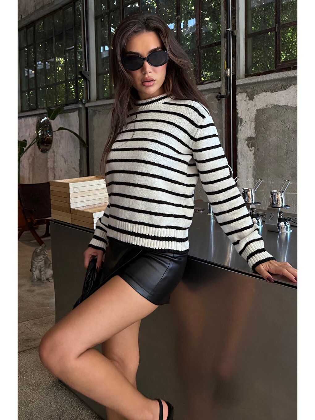 Ekru Bisiklet Yaka Çizgili Kadın Triko Kazak Mg2543-5