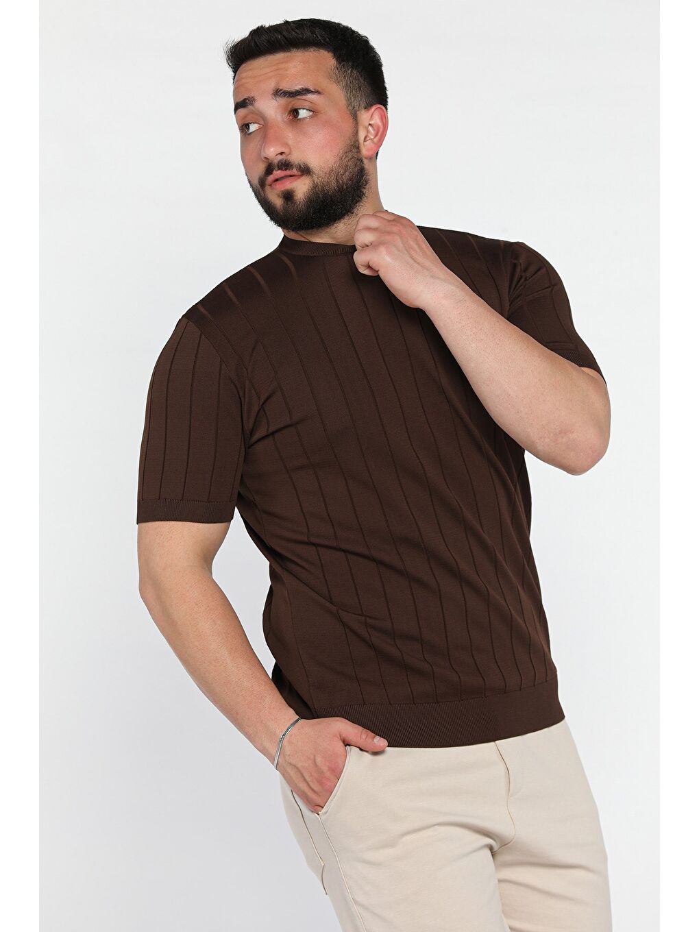 Kahverengi Erkek Bisiklet Yaka Kendinden Çizgi Desenli Triko Tişört-1