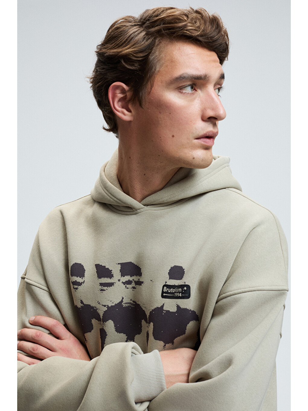Bej Armand Erkek Kapüşonlu Kanguru Cepli Önü Baskılı Oversize Taş Sweatshirt-3