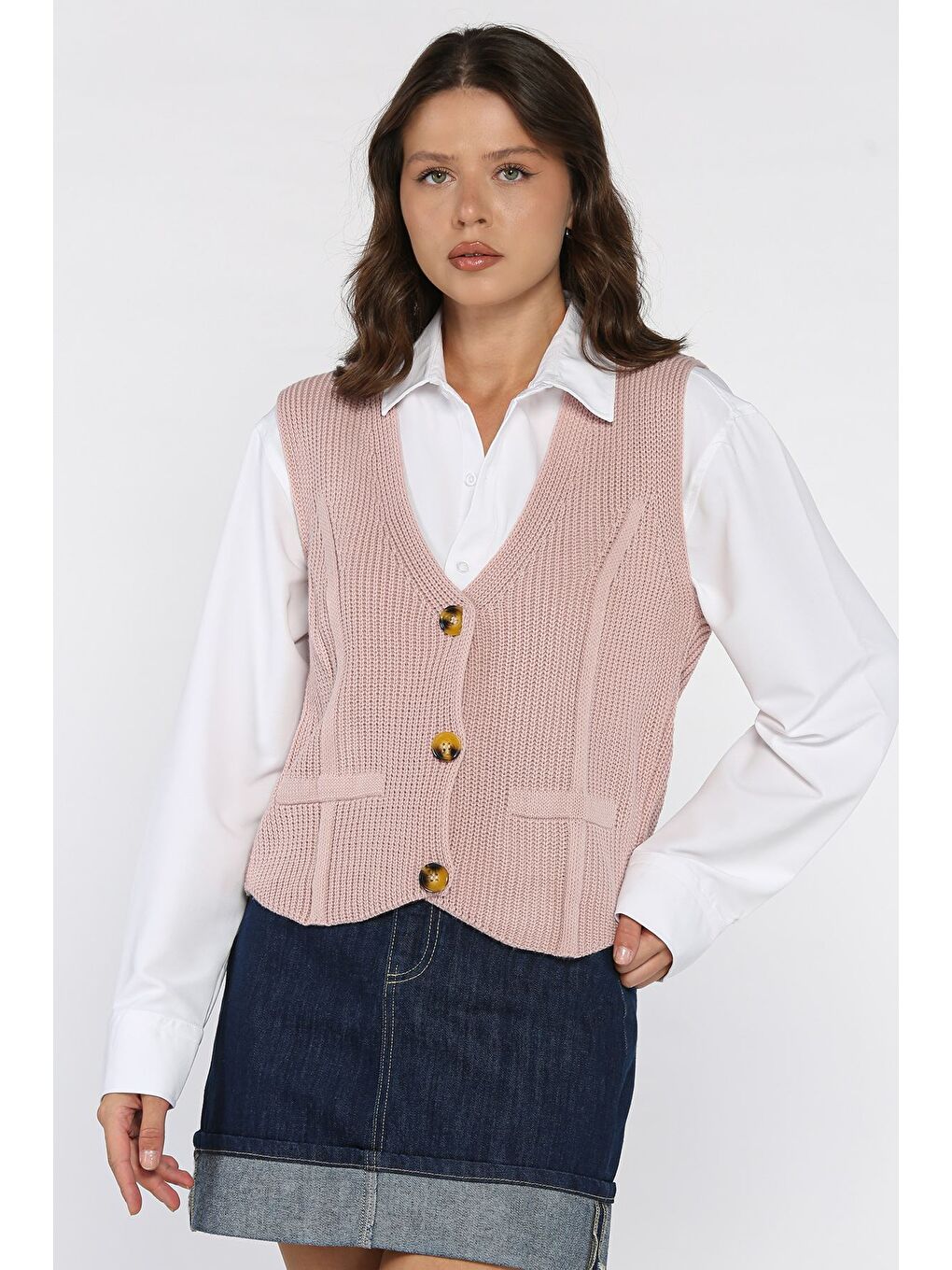 Pembe Kadın Düğmeli Triko Yelek (s-m-l-xl Uyumludur)