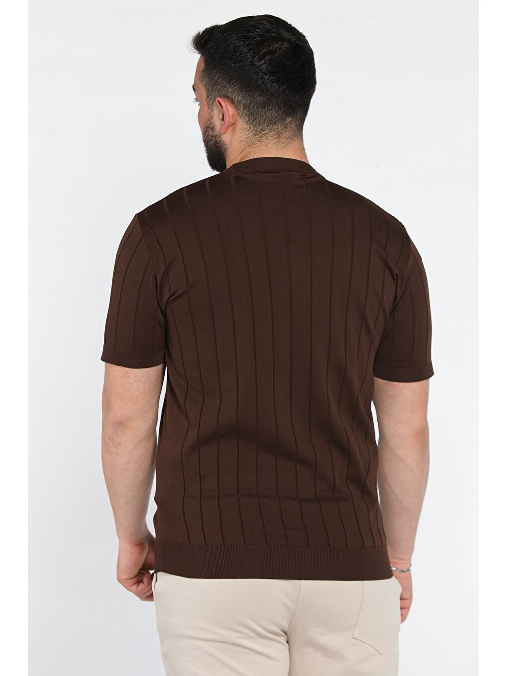 Kahverengi Erkek Bisiklet Yaka Kendinden Çizgi Desenli Triko Tişört-2