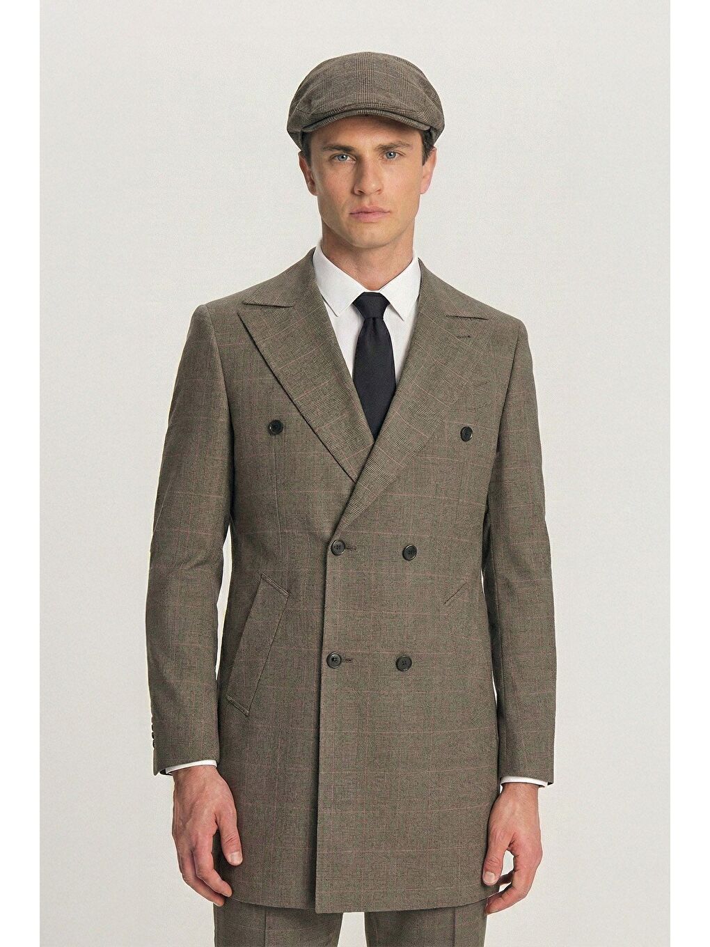 Giotelli Erkek Bej Slim Fit Ekose Mono Yaka 6 Drop Tam Astarlı 5'Li Takım Elbise