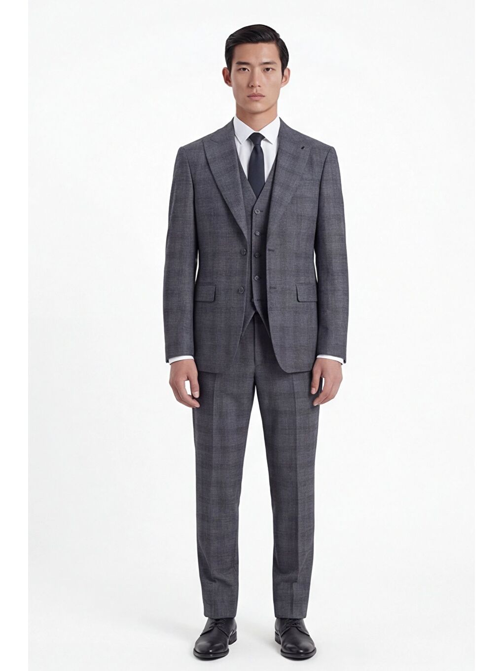 Gri Erkek Polyamid Viskon Karışımlı 10 Drop Klasik Füme Yelekli Takım Elbise