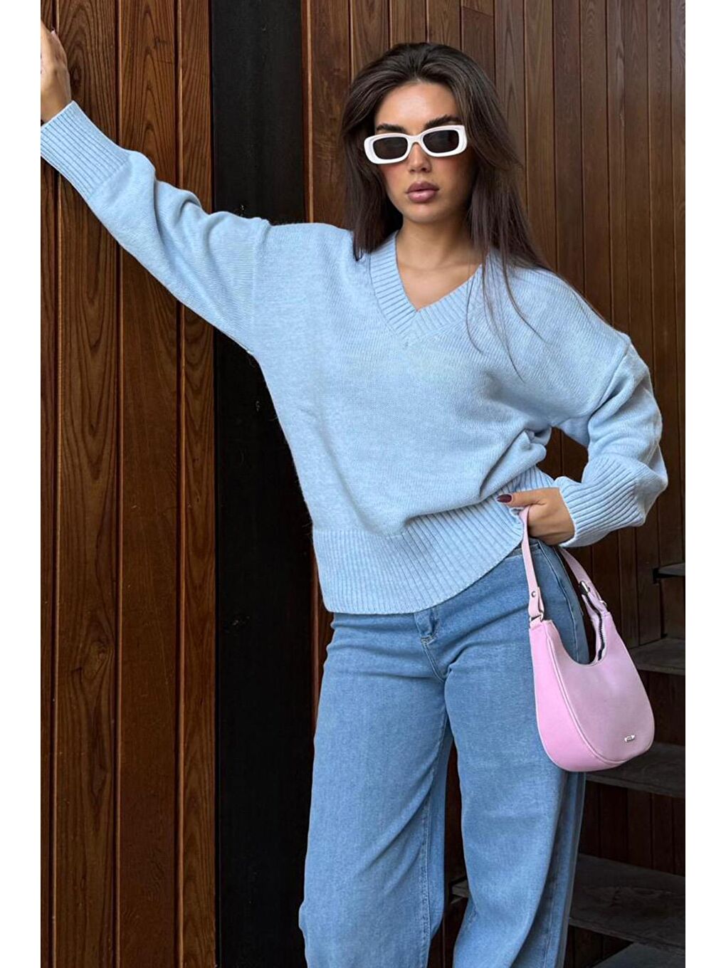 Bebe Mavisi V Yaka Oversize Kadın Triko Kazak Mg2149