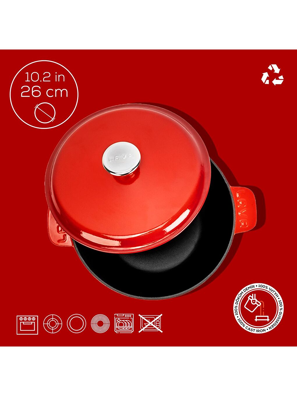 Yuvarlak Tencere Döküm Demir Yekpare Kulplu. Çap(Ø)26cm. - Kırmızı-4