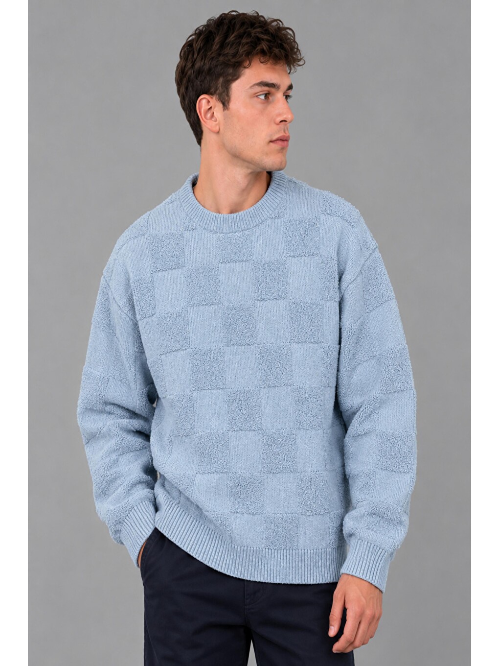 Mavi Oversize Pelüş Kare Desen Kışlık Kazak Dp 18381_10062-2