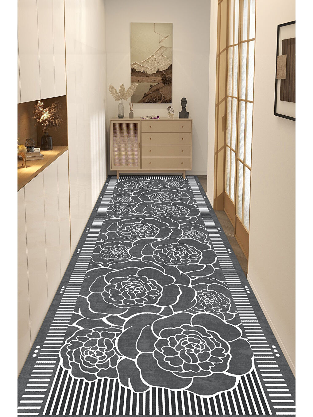 Gri Dekoratif Salon Halısı, Makinada Yıkanabilir, Kaymaz Taban, İnce & Modern Tasarım-3